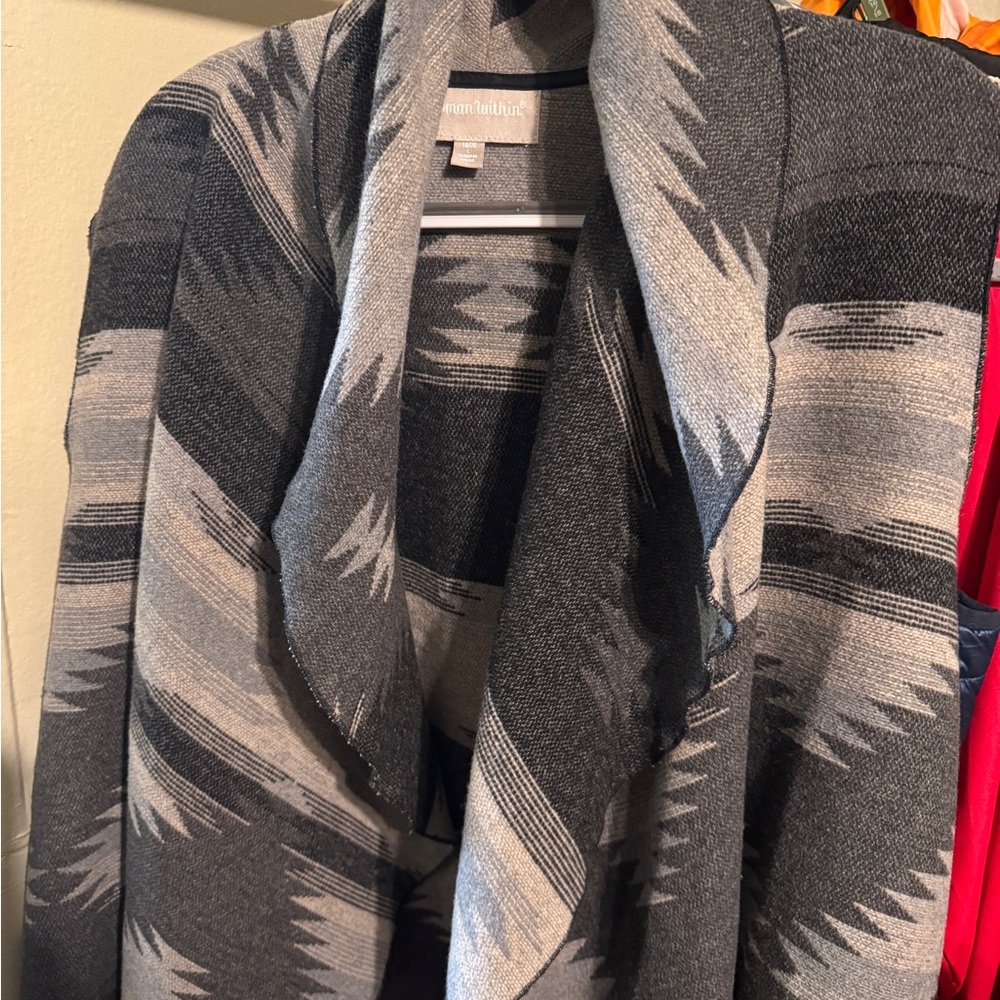 Woman Within Black and Gray Patterned Cardigan